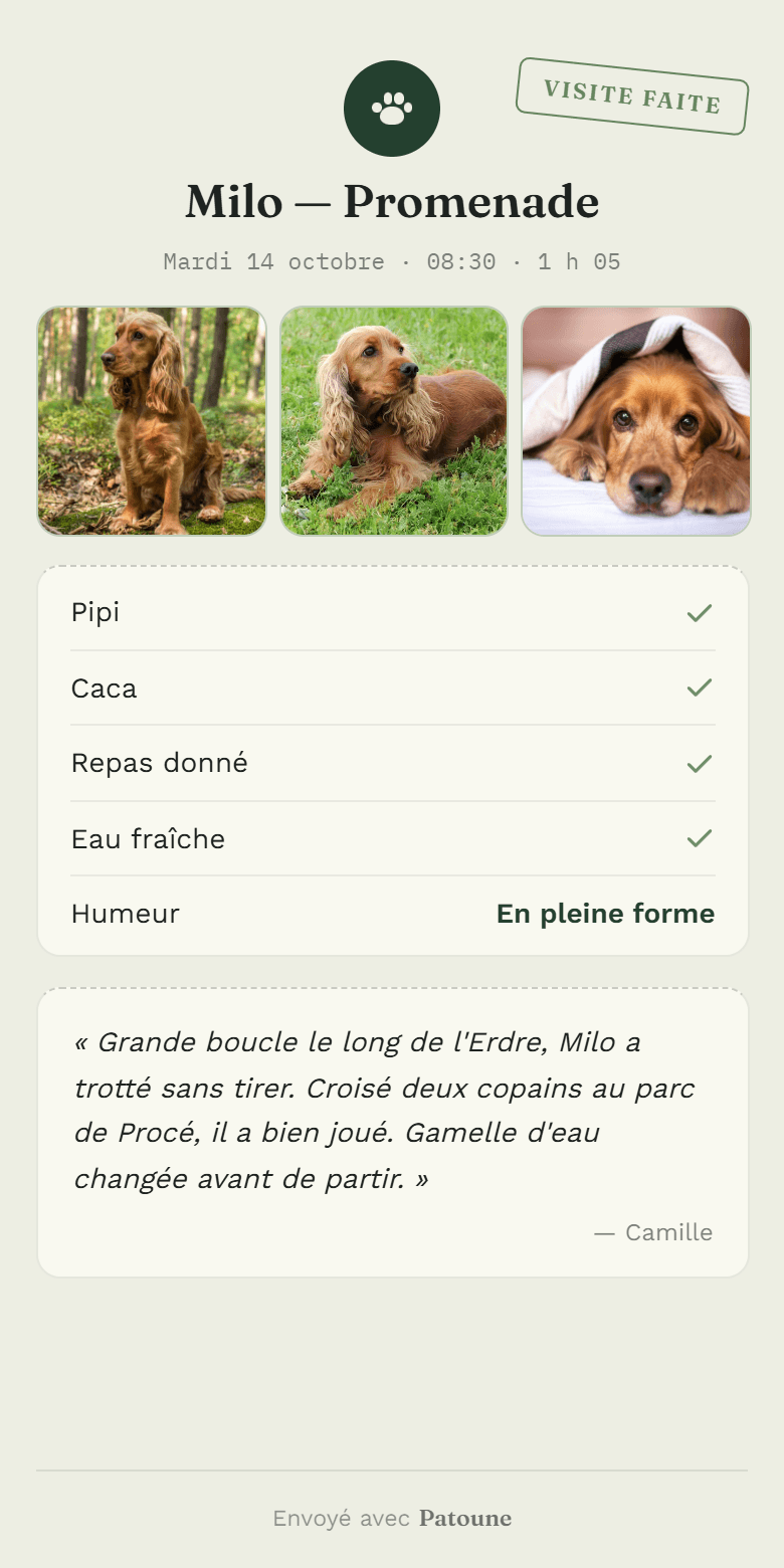 La page publique d'un compte rendu de visite Patoune, avec photos et checklist